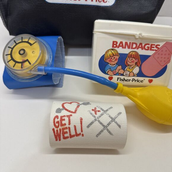 Vintage 1987 Fisher Price Medical Kit Doctor Set Black Bag Cast Blood Pressure - Picture 2 of 8